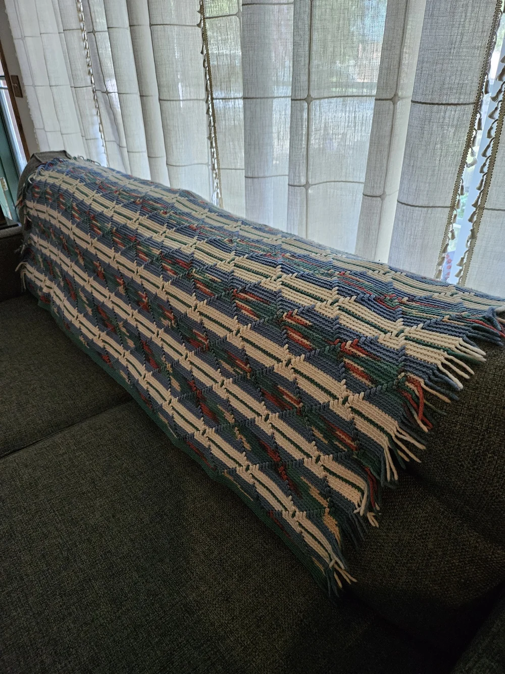 Woven Multicolor Fringe Throw Blanket – Blue & Cream